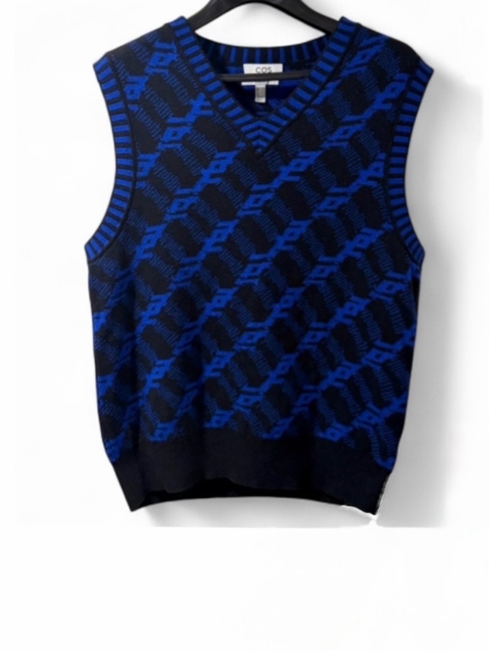 Men’s COS Blue/Black Wool Blend Patterned V-Neck Sweater Vest Size Large